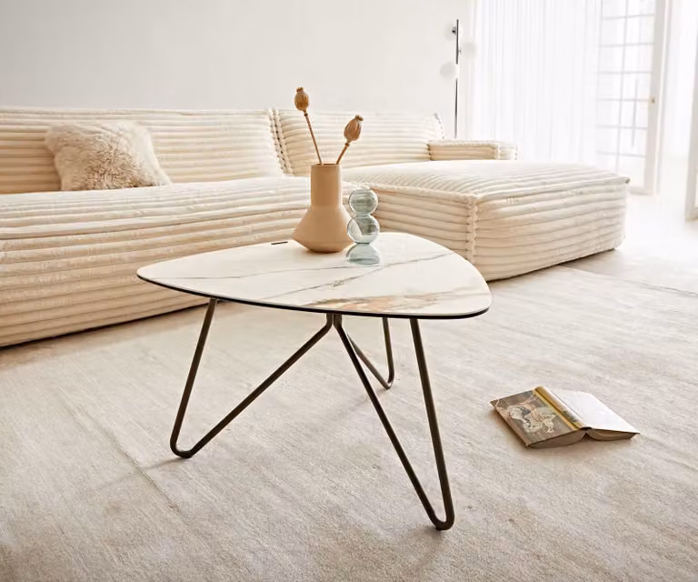 DELIFE Salontafel Ekrem rond met keramisch blad in Calacatta Luxe wit-goud-grijs en titanium metaaleffect, B/D/H: 65 x 65 x 40 cm