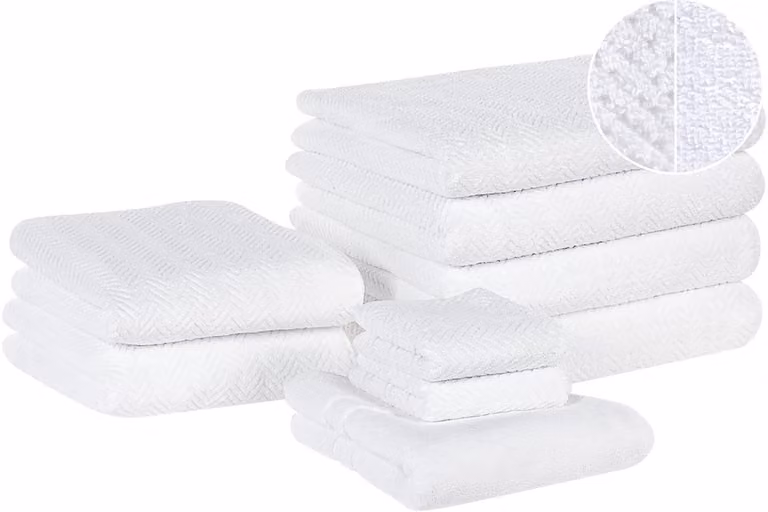 Mitiaro Set van 9 Witte Badstof Handdoeken en Badmat met Chevron Textuur, Breedte: 140 cm, Diepte: 70 cm