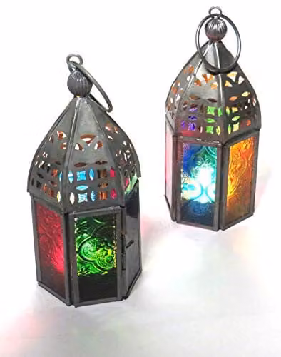 Purity Set van 2 Marokkaanse mini lantaarn theelichthouders met veelkleurig glas