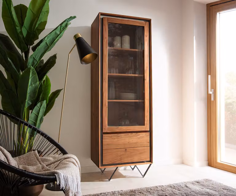DELIFE Stonegrace Boekenkast met glazen deuren, acacia bruin en zwarte V-poten, B: 60 cm, D: 40 cm, H: 180 cm