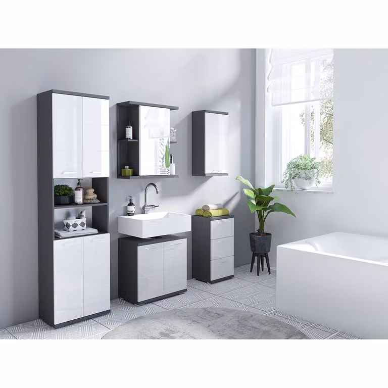 home24 Wastafelonderkast zwart/antraciet met glanzende deuren, Breedte: 60 cm