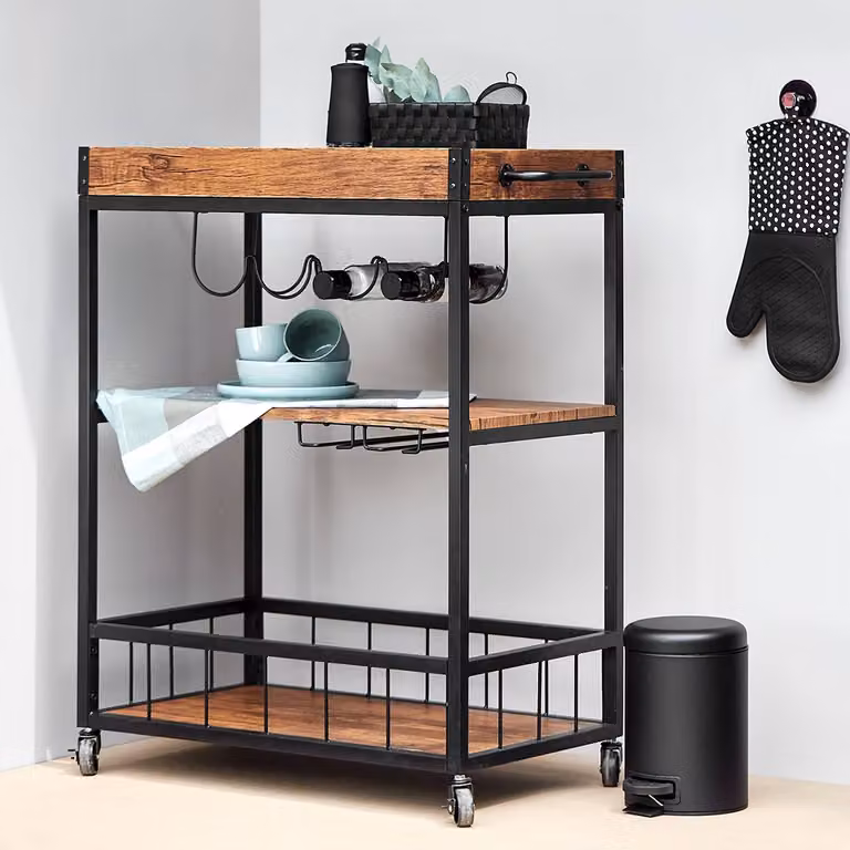WENKO Rustico keukenwagen met serveerlagen en zwenkwielen, zwart, B: 80 cm, D: 89,5 cm, H: 40 cm