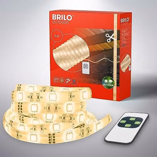 Briloner LED-strip voor buiten, warm wit licht, 5 meter, dimbaar, met afstandsbediening, IP44 spatwaterdicht