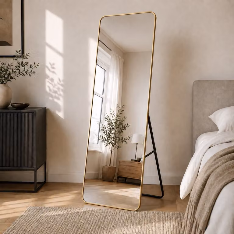 Lumoire Passpiegel Goud 160 x 50 cm – Staande Spiegel met Standaard en Afgeronde Hoeken