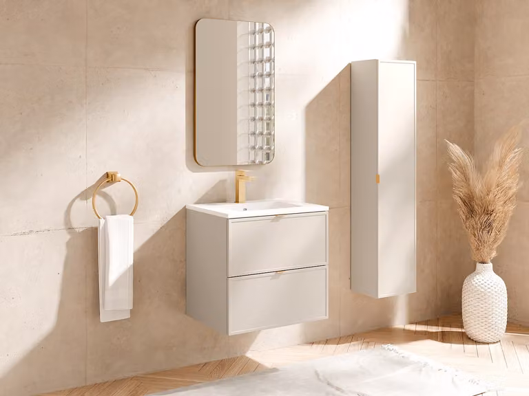 ONDIL Zwevend badkamermeubel met inbouwwastafel en kolomkast - Beige - 60 cm
