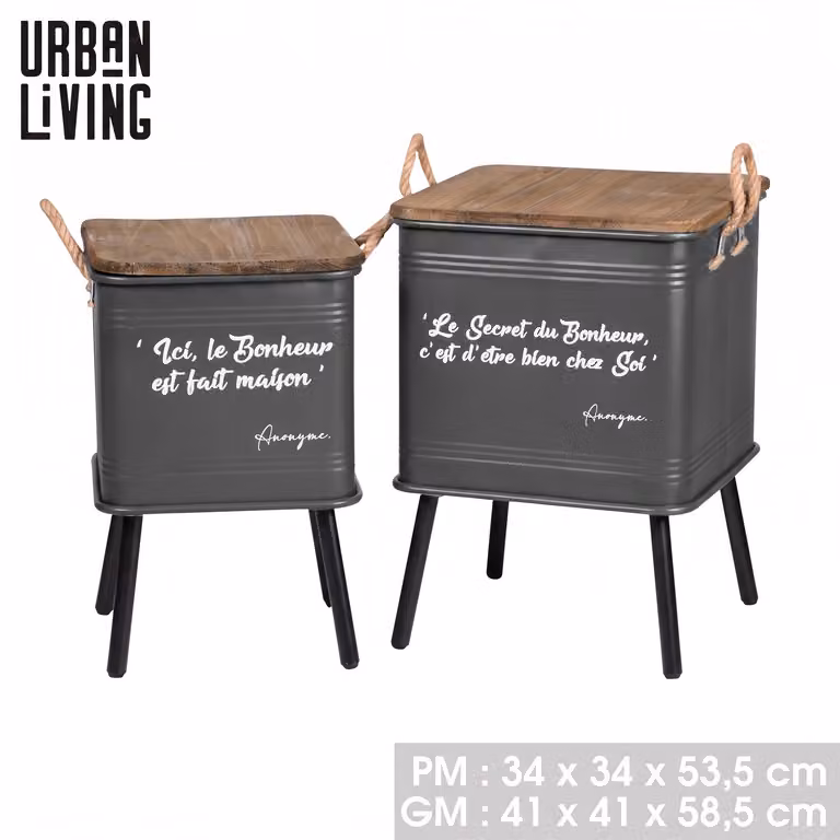 Urban Living Set van 2 industriële metalen opbergtafels met metalen onderstel en touwgrepen - Grijs