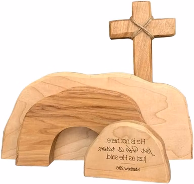 Houten Paasdecoratie met Jezus en de Geboorte Scène voor op Tafel