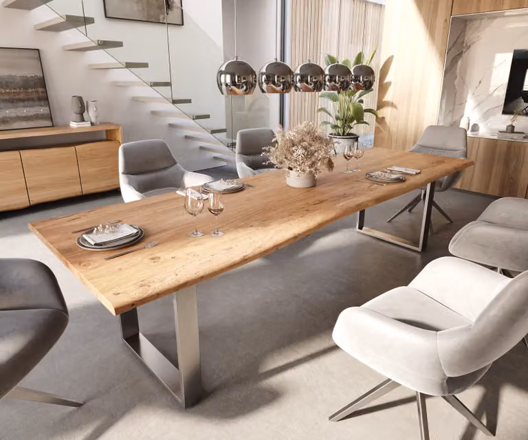 DELIFE Eettafel Edge Live-Edge Acacia Hout en Metaal, Bruin/Zilver, B: 300 cm, D: 100 cm, H: 74,5 cm