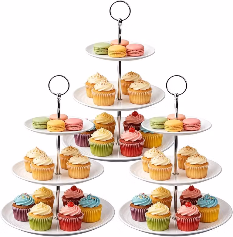 3-Traps Herbruikbare Taartstandaard met Draaghandvat - Rond Dienblad voor Taarten, Fruit en Cupcakes - Diameter: 24,5 cm, Hoogte: 33,5 cm