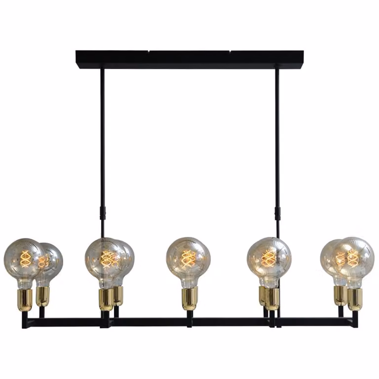 Masterlight Tube eetkamer hanglamp - Zwart met gouden fittingen - 10-lichts