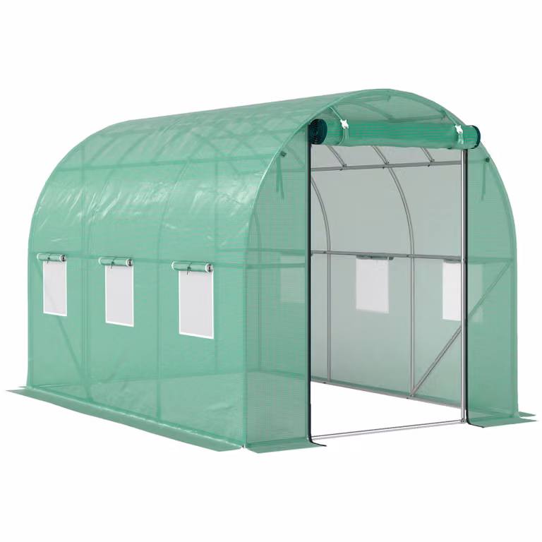 Outsunny Polytunnelkas met kunststof hoes, stalen frame en oprolbare deuren, Groen