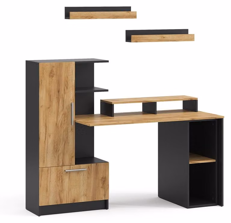 Vicco Tomy Bureau Set van 5, Antraciet/Goudkleurig Eiken, B: 150 cm, D: 59 cm