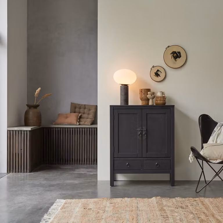 Tikamoon Thaki Black dressoir van massief grenenhout - Zwart/Bruin - Breedte: 80 cm