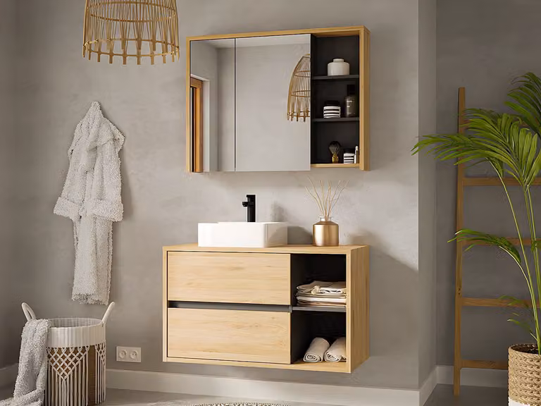 PURNAL Zwevend badkamermeubel met spiegelkast en keramische wastafel, Beige/Wit, Breedte: 100 cm