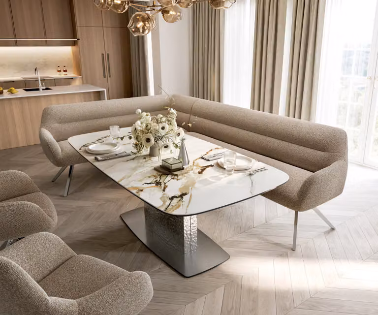 DELIFE Eetkamerbank Taya-Flex L-vormig, Bouclé, Bruin/Beige/Zilver, B: 282 cm, D: 190 cm, H: 106,5 cm