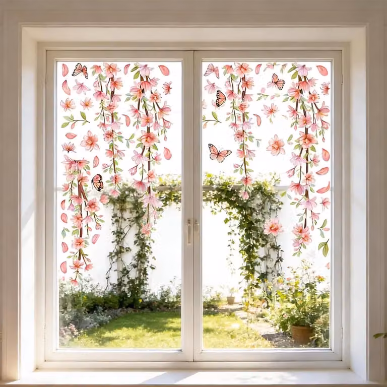 Raamstickers met lente bloemen - Dubbelzijdige raamfolie voor raamdecoratie - Roze - 3x 30 x 60 cm