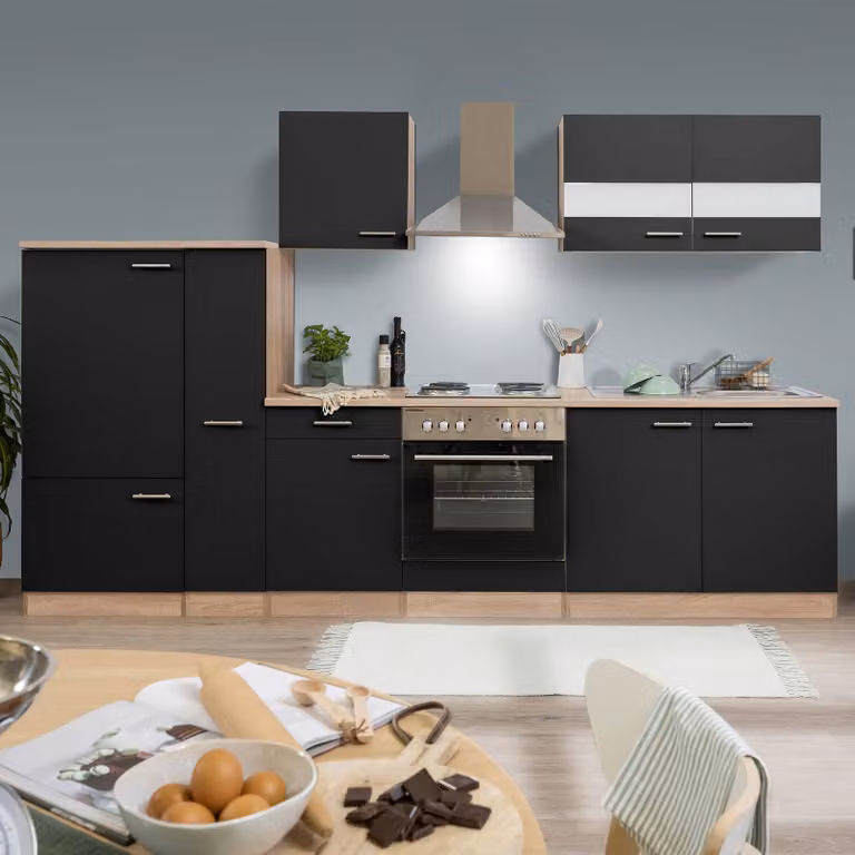 home24 Keukenblok Merle zwart met eikenhouten look, Breedte: 300 cm