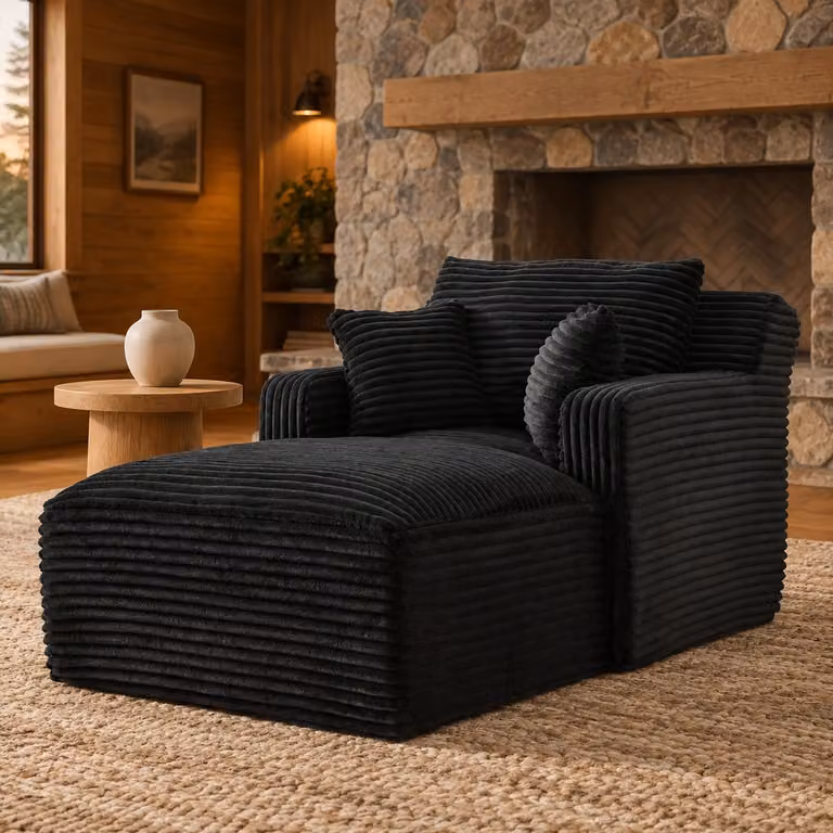 WUVRIE Chaise longue 1-zits met ribstof en pocketveren - Zwart - B/D/H: 166 x 100 x 69 cm