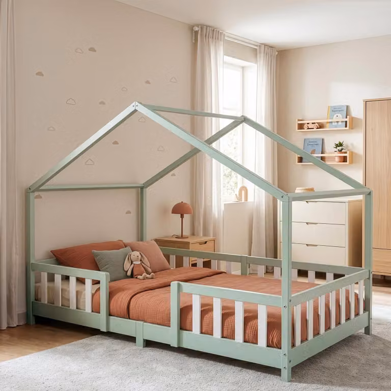 en.casa Kinderbed Treviolo met matras en valbeveiliging, mintgroen/wit, 140 x 200 cm