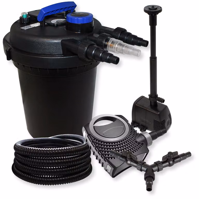 SunSun Complete set met CPF-250 vijverfilter voor vijvers tot 10.000 liter, 11W vijververhelderaar, CTF-8000 vijverpomp 8000 l/u, 25 meter vijverslang 25 mm en HJ-943 ECO fonteinpomp 800 l/u met Y-verdelers
