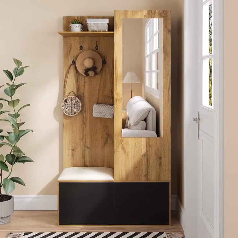 Halmeubel Set met Geïntegreerde Spiegel in Zwart Houtkleur, B/D/H: 100 x 38 x 191 cm