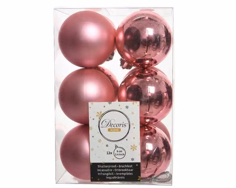 Decoris 12 onbreekbare kerstballen lippenstift roze, Diameter: 6 cm