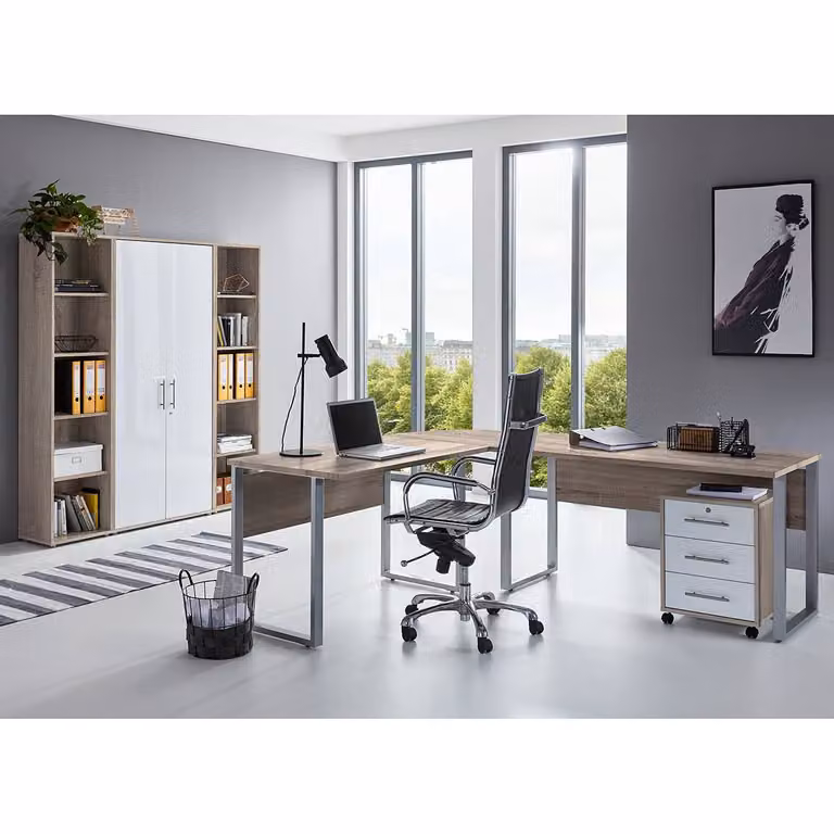 home24 Bureauset II 5-delig in beige, wit en Sonoma eikenhouten look