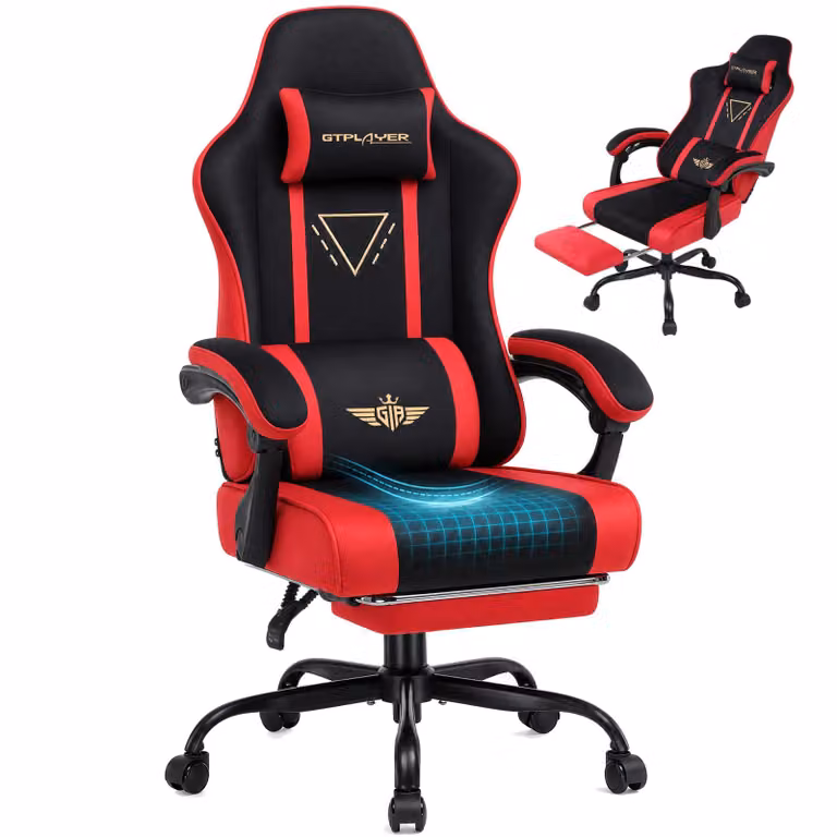 GTPLAYER Gaming stoel, ergonomische fauteuil met stoffen bekleding, verstelbare armleuningen en voetsteun, rood