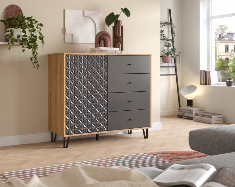 ebuy24 Prisma dressoir met 4 laden en 1 deur, eikenhout look, grijs/antraciet, B: 96 cm, D: 40 cm, H: 96 cm