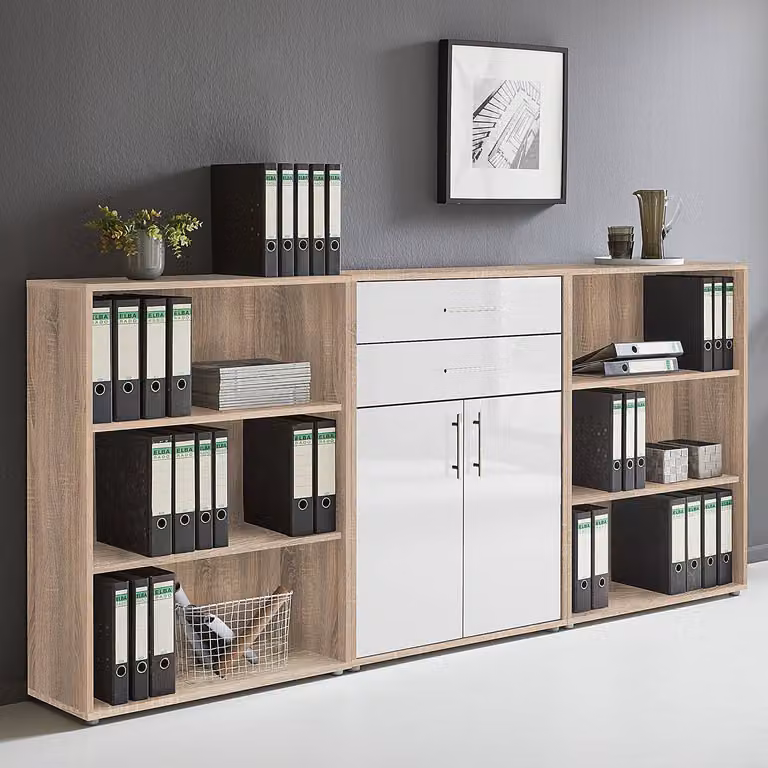 home24 Kastenset 3-delig modern bruin en wit met eikenhouten look en hoogglans, B/D/H: 114 x 33 x 85 cm