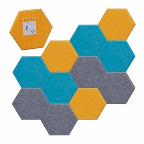 Relaxdays Prikbord vilt set van 12, hexagon, geel/grijs/blauw