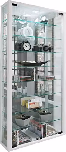 VCM Vitrosa Wandvitrinekast met glazen deuren en spiegel, Wit, B: 59 cm, H: 115 cm, D: 31 cm
