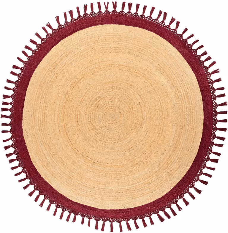 Marts Boho rustiek rond vloerkleed handgemaakt gevlochten jute en katoen beige en rood ø 200 cm