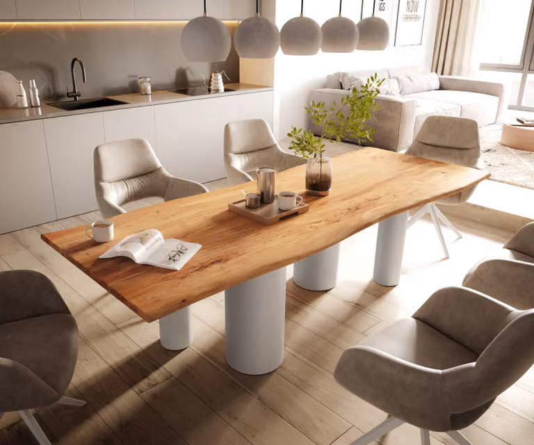 DELIFE Eetkamertafel Edge met Live-Edge Acacia Hout en Wit Metalen Onderstel, B/D/H: 260 x 100 x 72,5 cm