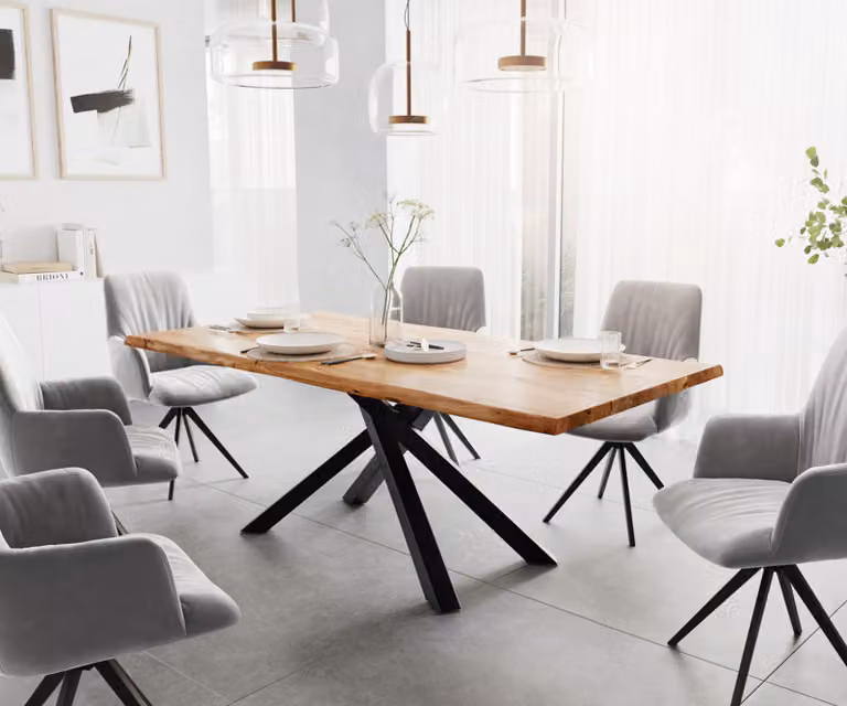 DELIFE Eettafel Edge van acacia hout met live-edge en zwart kruisframe, B/D/H: 200 x 100 x 73,5 cm