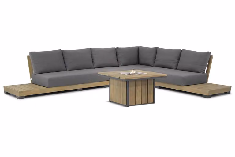 Lifestyle Garden Furniture Hilton/Seaside hoek loungeset van behandeld teak met grijze kussens en bijpassende salontafel