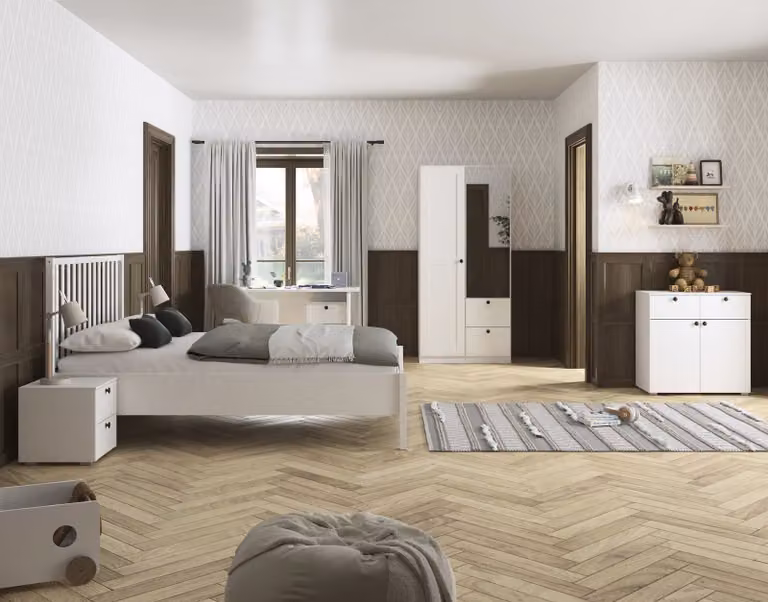 home24 Skagen Set voor tienerkamer, 5-delig, wit met spiegeldeur, 140 x 200 cm