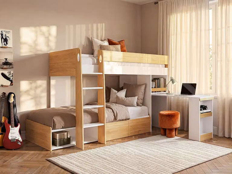 Vente-unique Stapelbed voor kinderen met bureau, opbergruimte en lades, wit en beige, B/D/H: 190 x 90 x 170 cm
