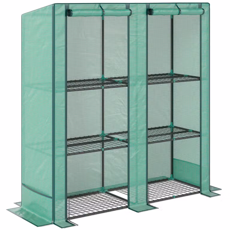Outsunny Mini-kas met 3-laags rek, kunststof afdekking, UV-bestendig en oprolbare deur, Groen, H x B x D: 152 x 144 x 48 cm