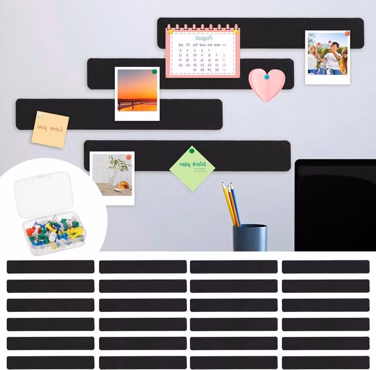 Zwart Vilten Prikbord met Zelfklevende Strips voor het Ophangen van Foto's, 33 x 5 cm
