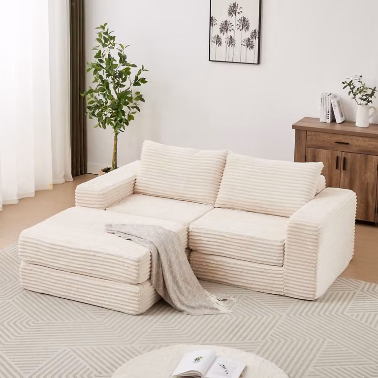 Wishdor Slaapbank met 2-in-1 functie en vrij indeelbare modules in beige ribstof voor de woonkamer