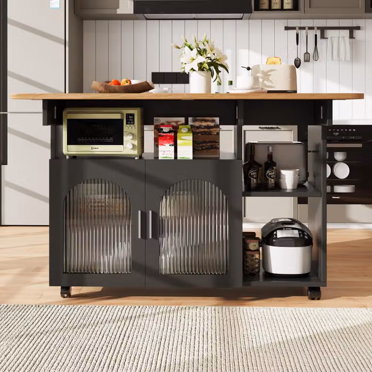 Aosom Modern Keukeneiland met Klapbaar Tafelblad, Zwart en Naturel