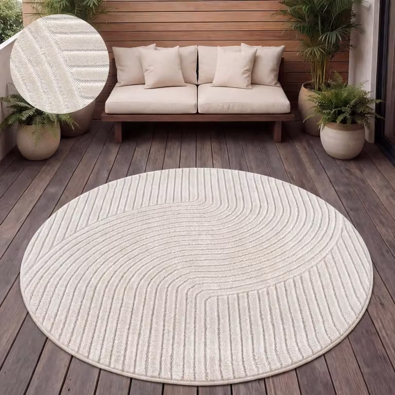 Paco Home Buitentapijt Scandinavische Boho-stijl, Rond, Effen Kleur, Diameter: 120 cm