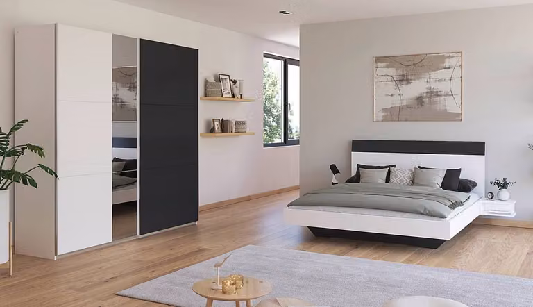 home24 Slaapkamerset 2-delig met zweefdeur, wit/alpinewit/metallic grijs, 160 x 200 cm