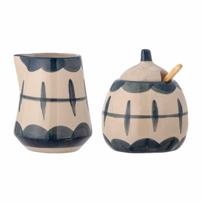 Bloomingville Allium melkkan en suikerpot set, blauw en wit keramiek met bamboe