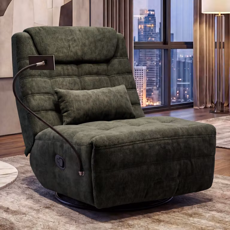 Mendler Relaxfauteuil HWC-P92, draaibare tv-fauteuil met kantelfunctie en telefoonhouder, groen chenille