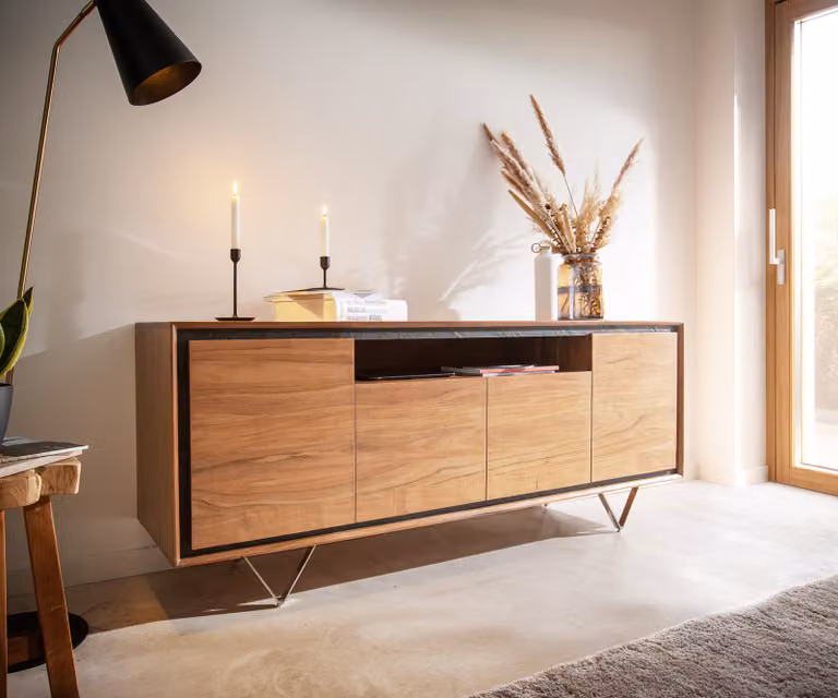 DELIFE Dressoir Stonegrace Acacia Natuur met Steenfineer en V-poot, Bruin/Zilver, Breedte: 175 cm