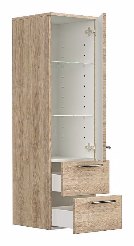 Posseik Hoge kast met glazen deuren in licht eikenhout, Breedte: 120 cm