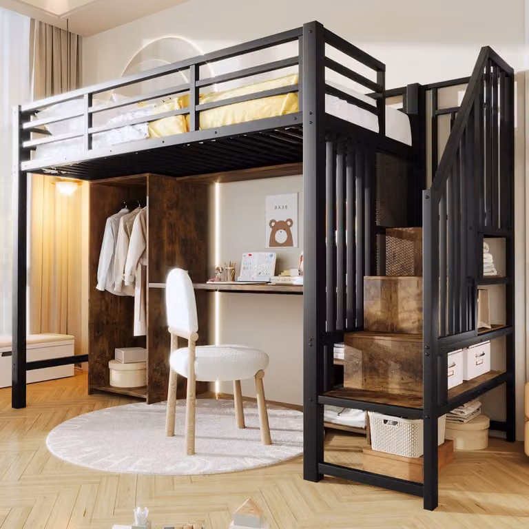 Wishdor Hoogslaper met Kledingkast, Bureau en Opbergtrap - 90 x 200 cm - Zwart Metaal & Houtlook MDF