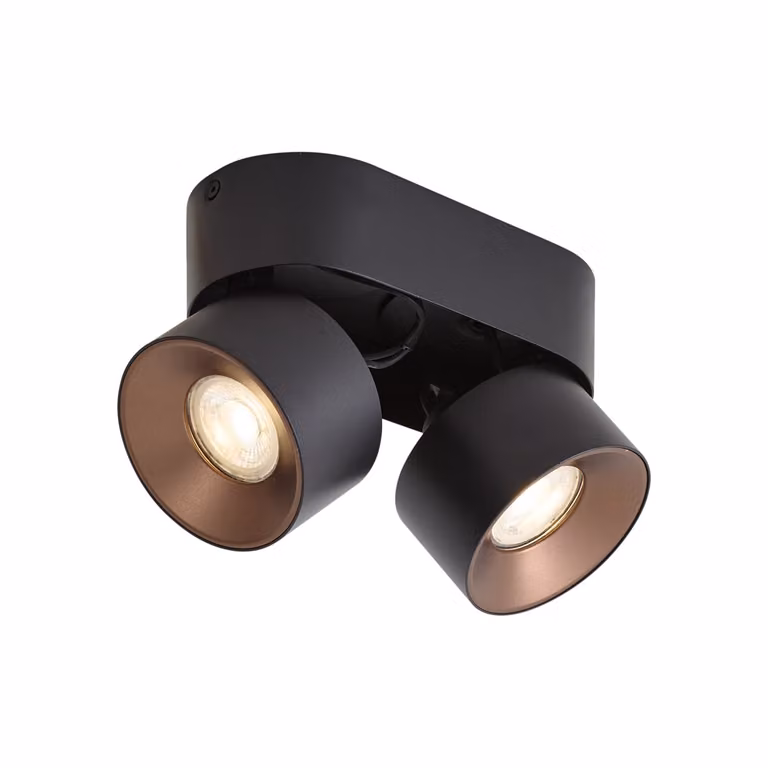 Qazqa Moderne opbouwspot zwart met brons, 2-lichts, rond, kantelbaar en dimbaar, GU10